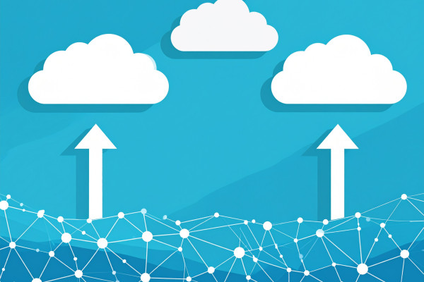 Drie witte wolken zweven boven een netwerk van stippen en lijnen, met twee pijlen die vanuit het netwerk omhoog naar de wolken wijzen.