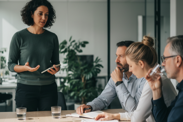 Team in overleg tijdens een gerichte interventie voor teamontwikkeling en samenwerking
