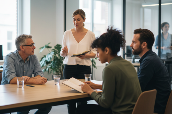 Team in gesprek tijdens begeleide teamreflectie gericht op leren en teamontwikkeling