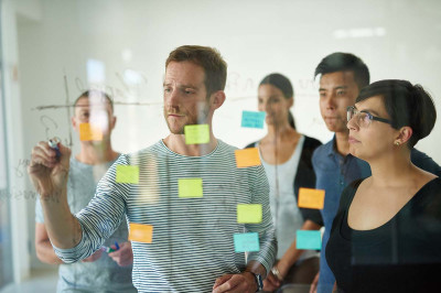 Een team in een brainstormsessie in een kantooromgeving