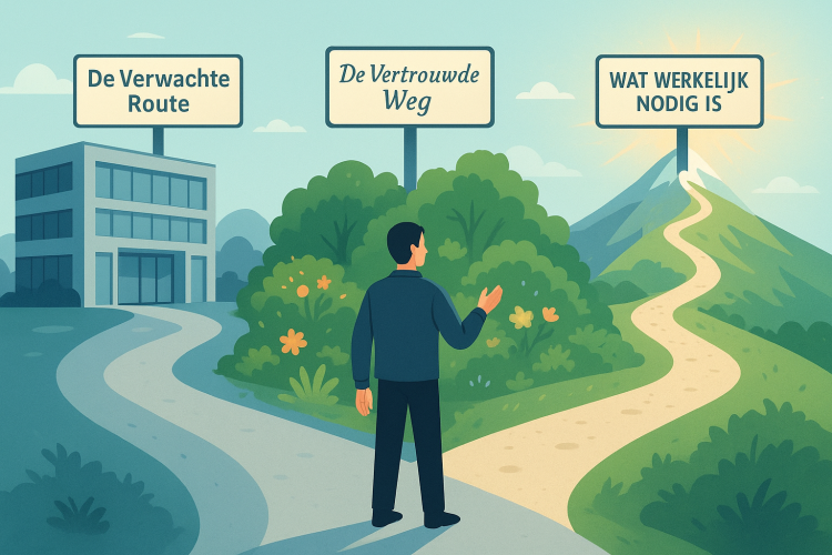  Een man staat bij een splitsing in de weg, met drie borden die verschillende paden aanduiden: 'De Verwachte Route' leidt naar een gebouw, 'De Vertrouwde Weg' leidt naar struiken, en 'Wat werkelijk nodig is' leidt naar een bergtop.