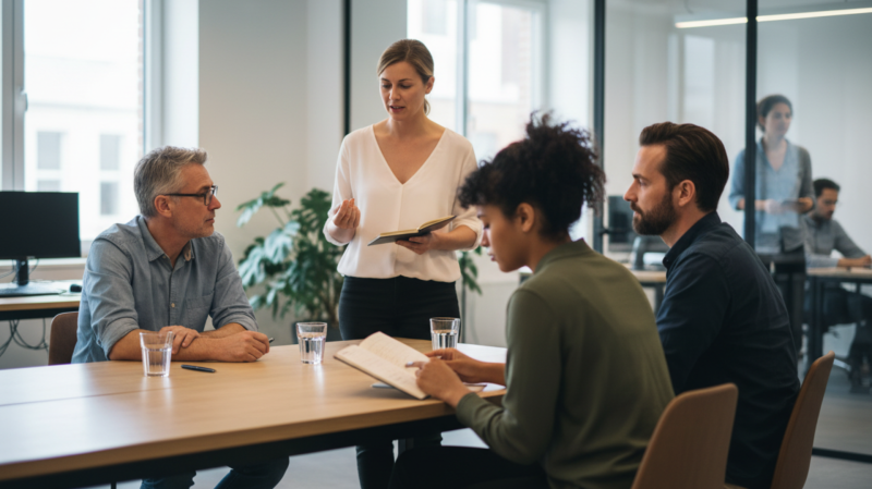 Team in gesprek tijdens begeleide teamreflectie gericht op leren en teamontwikkeling